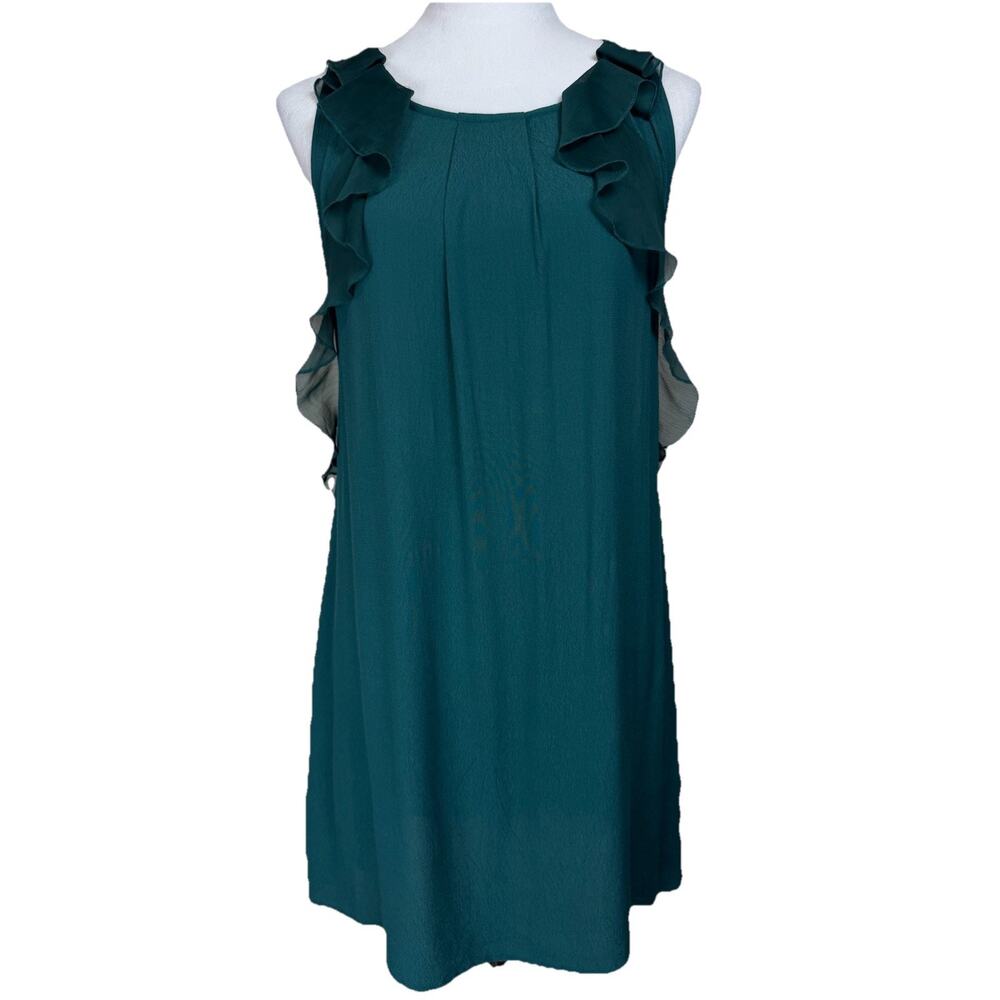 Free People Mini Dress Women’s Sz 8‎ Ruffle Trim Jade Green Open Sides Pockets